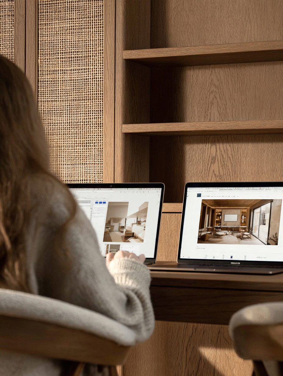 Interior designer reviewing concept renders at an oak and cane joinery desk