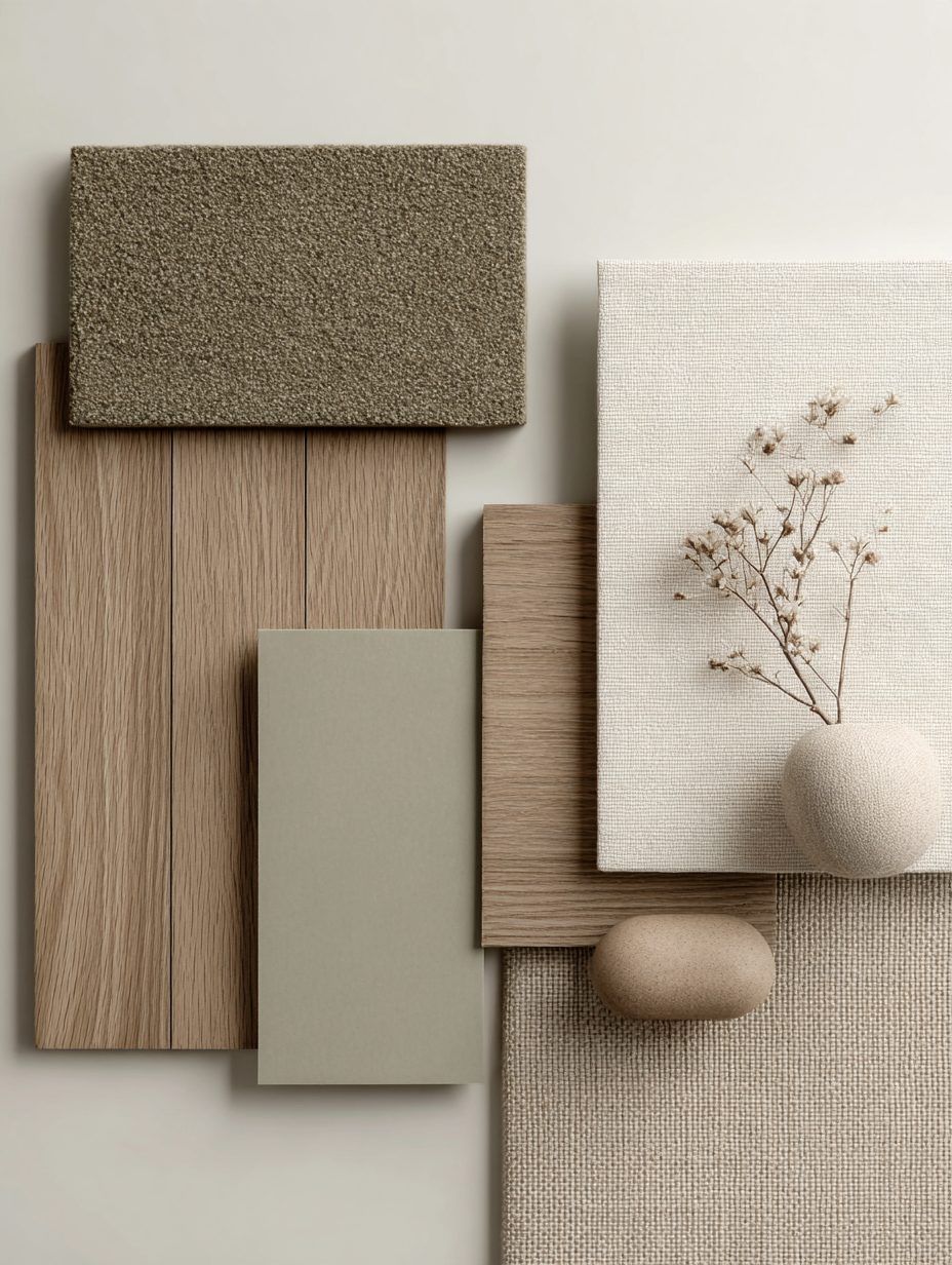 Material moodboard with oak, linen, bouclé and ceramic samples