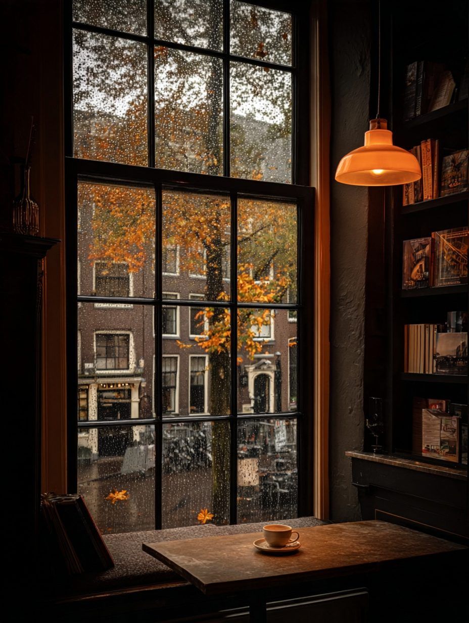 Rain-streaked window overlooking Dutch canal houses in autumn, with a warm pendant lamp