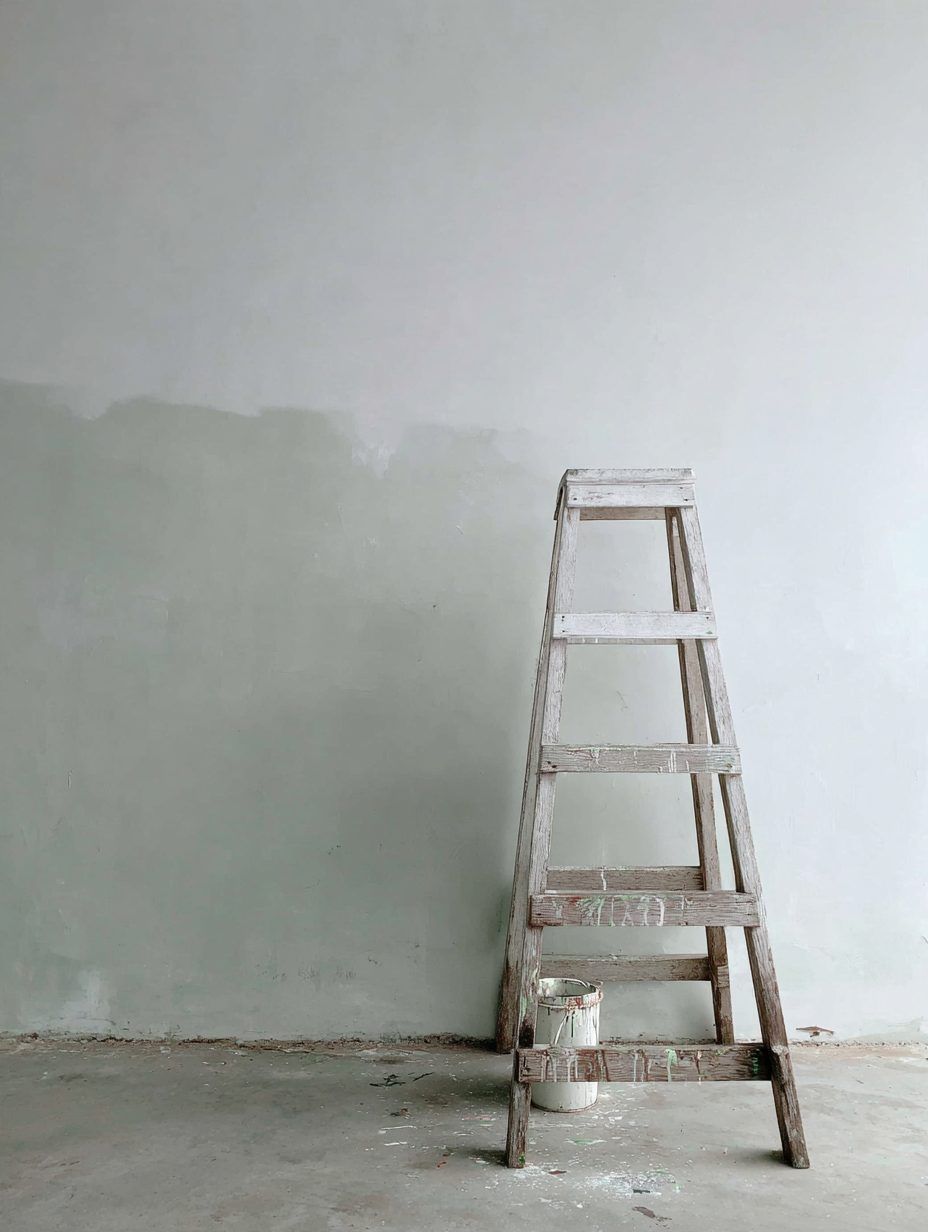 Paint-splashed wooden ladder in front of a half-painted wall during a renovation