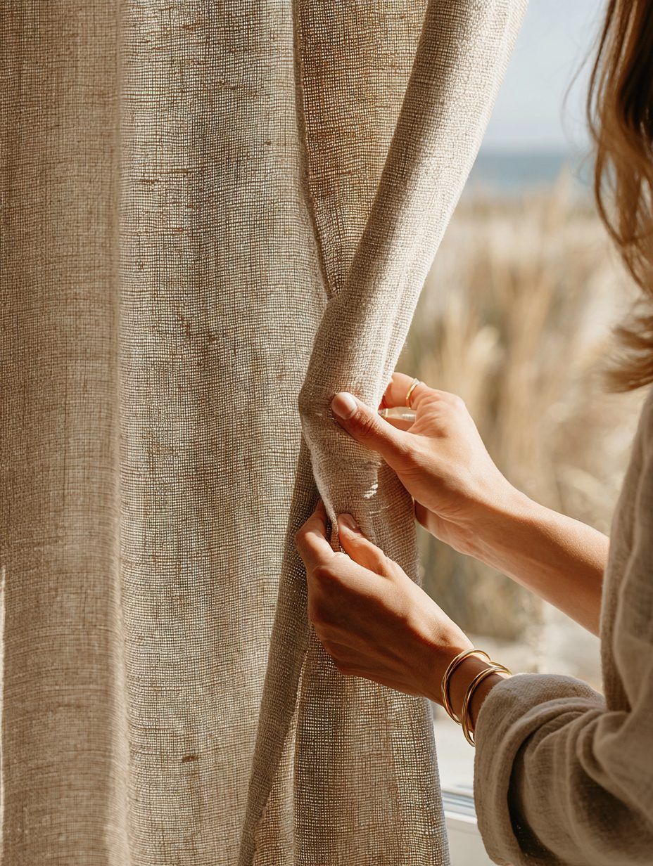 Hands arranging a linen curtain by a window for property staging